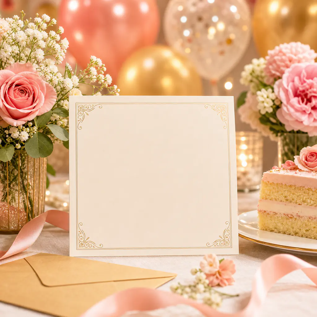 Einladung erstellen mit Karte, Blumen und Feierdekoration