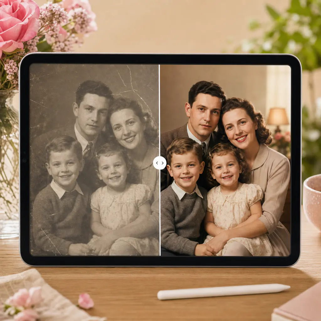 Foto bearbeiten mit KI als Vorher-Nachher-Beispiel mit restauriertem Familienfoto