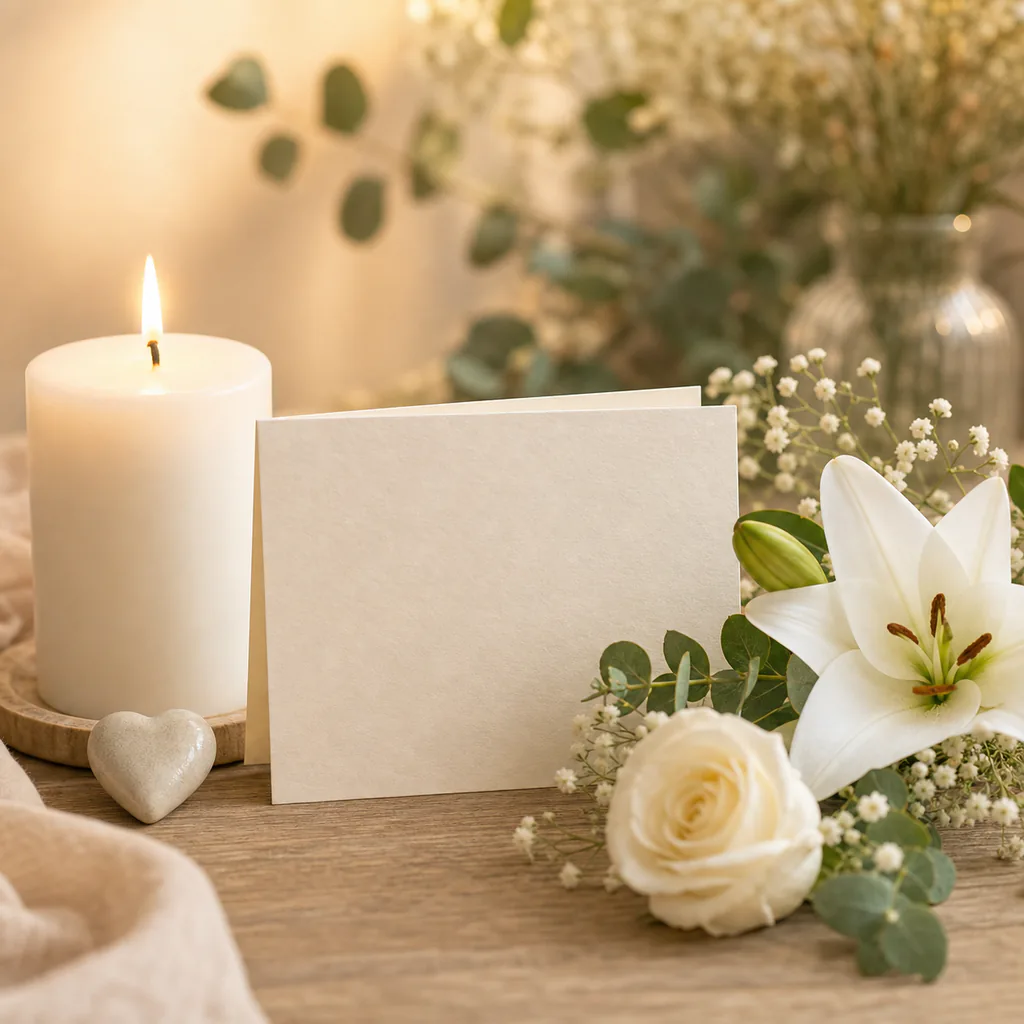 Trauer-, Beileids- und Genesungsbilder mit Kerze, Blumen und Karte
